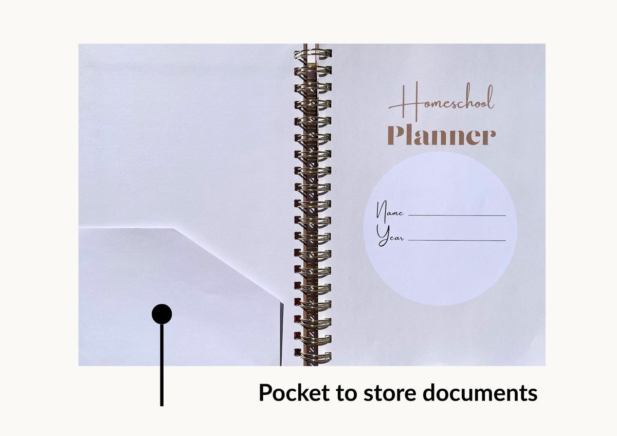 A spiral-bound homeschool planner  with a pocket  on the left side 